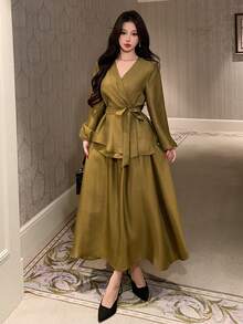 Dazy Kids 2件套春季高端连体上衣+高腰喇叭裙衬衫套装，适合少女 - 芥末黃 - 查看 7