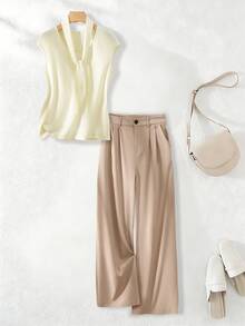 Franclia 女士夏季宽松舒适复古风围巾装饰无袖杏色衬衫搭配高腰褶裥卡其色直筒裤休闲时尚两件套优雅夏季女装套装 - 卡其色 - 查看 1