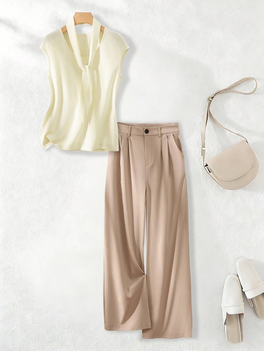 Franclia 女士夏季宽松舒适复古风围巾装饰无袖杏色衬衫搭配高腰褶裥卡其色直筒裤休闲时尚两件套优雅夏季女装套装 - 卡其色 - 查看 1