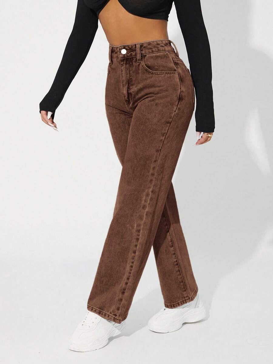 SHEIN PETITE Jeans de mezclilla con botones y bolsillos, de uso casual diario para mujer - Marrón - Ver 1