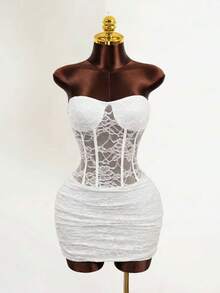 BamGleam Đầm ôm sát dáng đuôi cá xuyên thấu gợi cảm bằng ren dành cho nữ - trắng - Xem 3