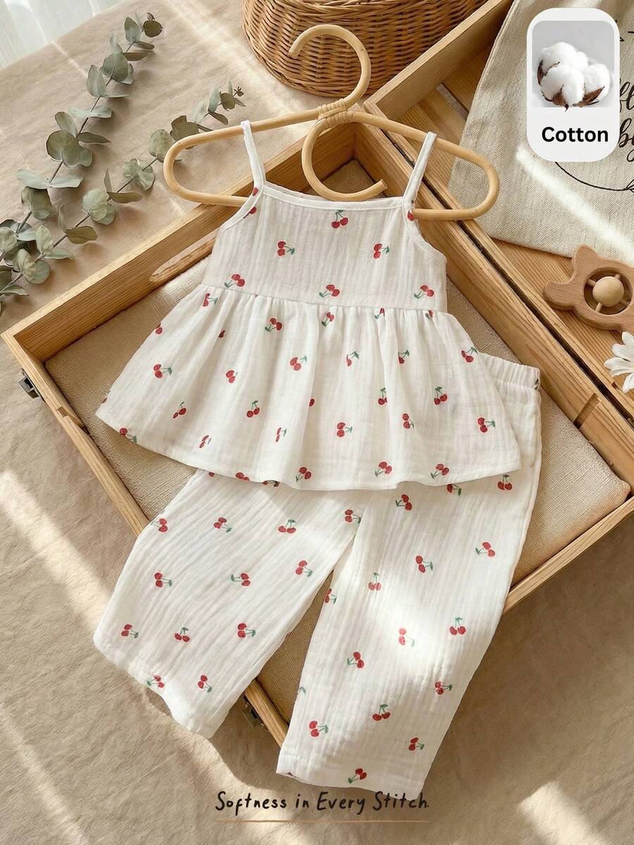 Cozy Pixies 2pcs Baby Girl Floral Print Camisole Top And Elastic Waist Pants Set - Multicolor - View 1