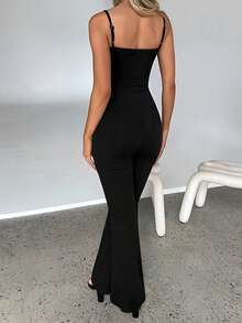 INAWLY Bộ jumpsuit hai dây ôm sát gợi cảm với khóa kim loại phía trước, quần ống rộng thắt eo, thích hợp cho kỳ nghỉ và du lịch. - màu đen - Xem 2