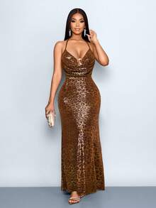 SOLERSUN Fashionable Sexy Leopard Print Backless Halter Dress - Gold - View 4