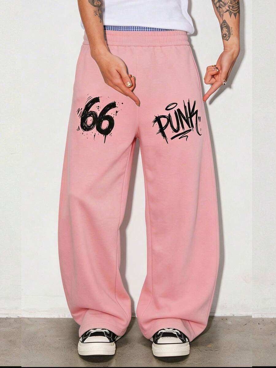 Manfinity Roghcode Men's Numeric Print Drawstring Waist Pocket Casual Pants - Pink - View 1