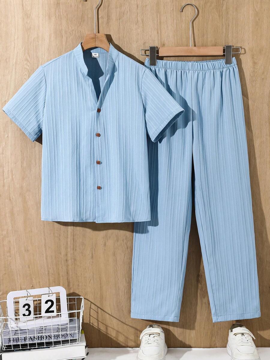 SHEIN 2pcs Kids/Tween Boys' Casual Comfortable Stand Collar Open Front Loose Short Sleeve Shirt And Straight Loose Pants Set - Baby Blue - View 1