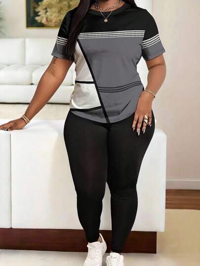 Maweii Plus Size Retro Geometric Print T-Shirt And Leggings Set, Slimming Fashionable Printed 2 Pieces Outfit