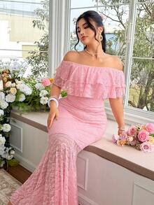 FleurLily Vestido maxi ajustado elegante con hombros descubiertos, volantes en el bajo y encaje para uso diario en tallas grandes - Rosa - Ver 4