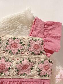 SHEIN Playful Pals Broderad blommig klänning med rutig volang och kortärmad kant för unga flickor, prinsessklänning för semester och utomhusbruk - Rosa - Visa 4