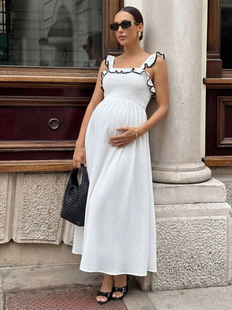 MaterniWear 孕妇夏季度假撞色滚边连衣裙 - 白色 - 查看 1