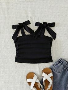 年轻女孩优雅纯色修身甜美蝴蝶结系带肩侧褶皱吊带背心，母女及姐妹装 - 黑色 - 查看 3