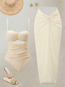 Swim Oasis Beige,Summer,Elegant,Tropical,Beach,Vacation,Holiday Women's Ruched Slit One-Piece Swimsuit With Matching Skirt,Tummy Control Modest Bathing Suits Set - Apricot - View 1