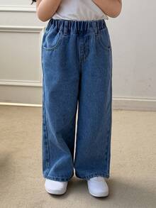 DAZY Jeans casuales holgados con cintura elástica, bordado de letras y encaje en contraste para niña - Azul - Ver 7