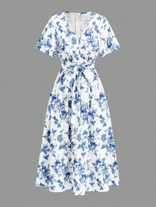 Gownix 女士优雅印花中长连衣裙，夏季 - 藍白色 - 查看 6