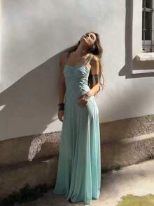 INAWLY 薄荷绿渐变连衣裙，胸部褶裥设计，菱形系带腰身，飘逸雪纺面料，纤细的吊带若隐若现地露出肌肤，甜美迷人的吊带衬托出天鹅颈的优美线条。 - 薄荷綠 - 查看 5