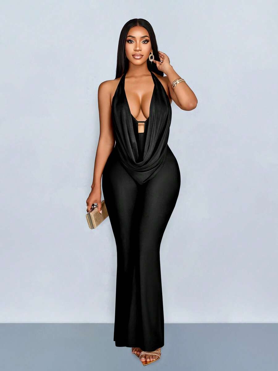 SOLERSUN Bộ jumpsuit nữ, gợi cảm và thanh lịch, phù hợp cho công sở, thiết kế đơn giản, cổ bèo nhún, chất liệu vải dệt kim màu nâu, trang phục nữ mùa xuân/hè, đi biển, hẹn hò. - màu đen - Xem 1
