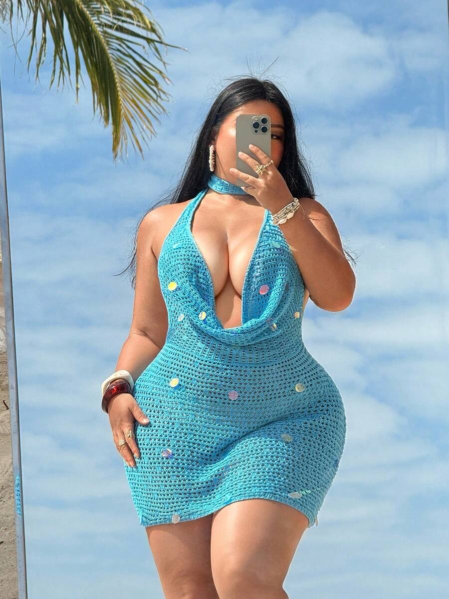 Swim Vcay Plus Size Women's Sequin Plunging Neck Backless Tie Knit Hollow Out Casual Vacation Elegant Beach Cover Up Dress - Blue - View 1