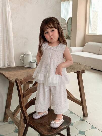 DAZY Infant/Toddler Girls' Ruffle Trim Sleeveless Shirt & Loose Shorts 2 Pieces Set