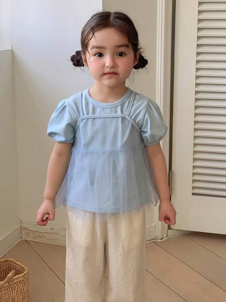 2pcs/Set Toddler Girls' Korean Style Round Neck Short Sleeve Top, Summer