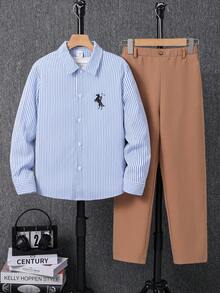 SHEIN Tween Boy 2pcs Outfit - Gentleman Striped Shirt And Pants Set, Kids Winter Coat, Tween Boy Long Sleeve Shirt, Christmas Sweatshirt And Pants, Tween Boy Winter Jacket, Long Sleeve Blouse - Blue - View 8