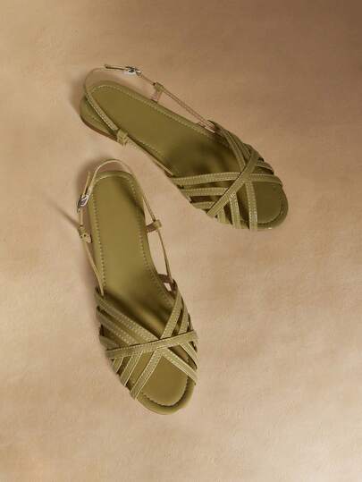 Rosivie Women Shoes Outdoor Women's Flat Bottom Pu Light Fabric Cross Belt Design Stylish, Simple, Comfortable And Breathable Daily Beach Buckle Shoes