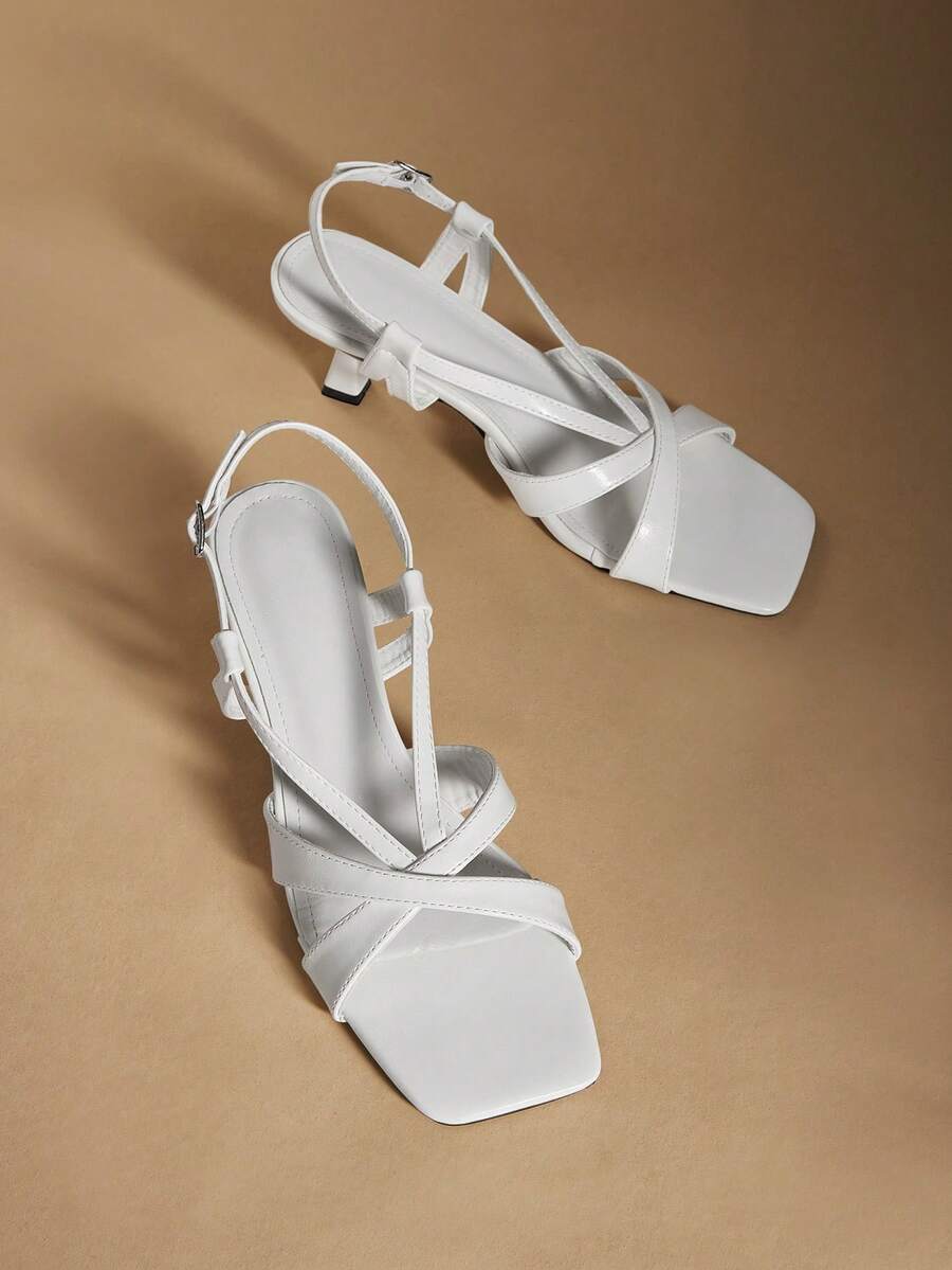 Rosivie 女士夏季交叉绑带搭扣方跟中跟简约时尚白色真皮凉鞋通勤约会 - 白色 - 查看 1