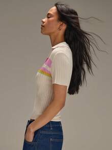 Athîral 女款拼色修身休閒日常針織短袖上衣，90年代復古女裝上衣 - 奶油色 - 查看 6