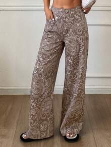 DAZY Quần jeans ống đứng cạp thấp in họa tiết hạt điều dành cho nữ - màu nâu - Xem 5