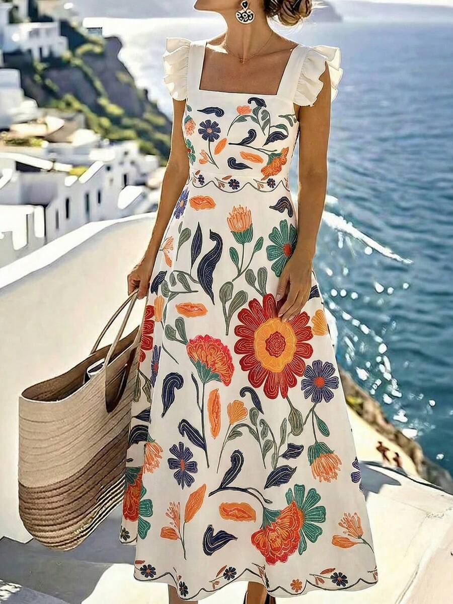 Selianne Vestido largo estampado bohemio amarillo - Mangas con volantes y cuello cuadrado, cintura ceñida, versátil para uso casual/vacacional ( y verano para mujeres) - Multicolor - Ver 1