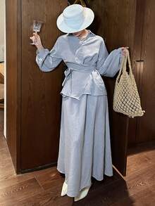 DAZY 女士休闲系带衬衫和裙子两件套，春夏款 - 藍色 - 查看 8