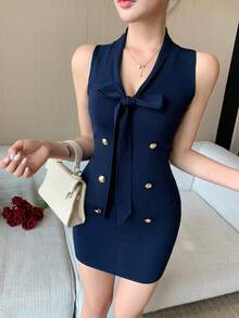 DAZY Frühlings- und Sommer-Minikleid mit blauer Schleifenkragen-Verzierung, elegant für Schule, Valentinstag, Hochzeit, Party, Büro - marineblau - Übersicht 1