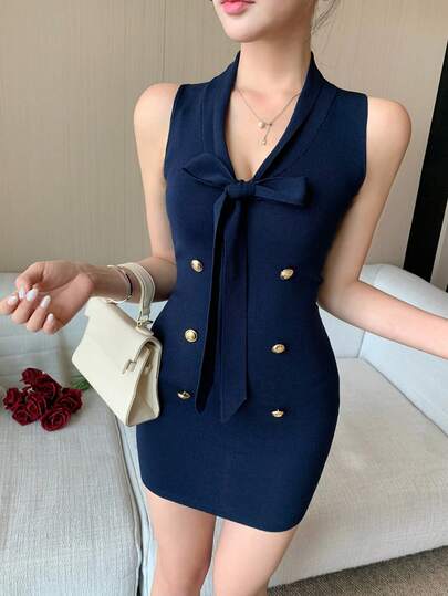 DAZY Women's Solid Color Front Knot Button Design Sleeveless Knit Dress