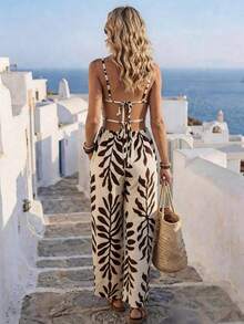 Breezaya Women's Vacation Plant Pattern Cutout Waist Jumpsuit - Apricot - View 2