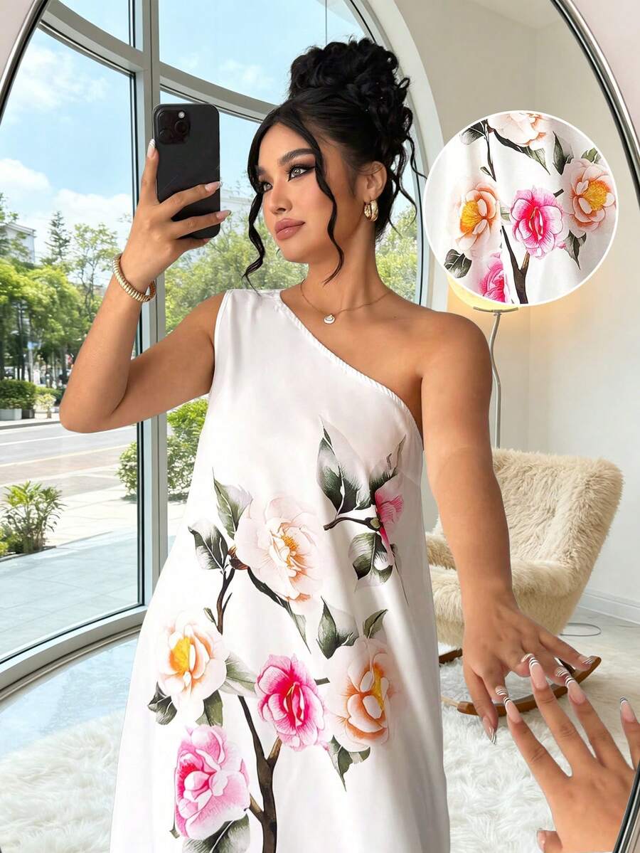 Elenzga 大码女式宽松印花无袖不对称肩部优雅连衣裙 - 米色 - 查看 1