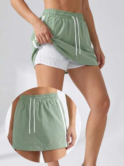 Falda Deportiva Mujer con Short Interior Integrado Skort Cintura Alta con Jareta Ajustable, Tela Stretch Secado Rápido para Tenis, Pádel, Running y Gym