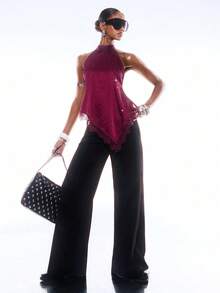 LYSMO 2026 New Arrive Minimalism Spring/Summer Women's Sexy Lace Patchwork Rhinestone Asymmetric Hem Backless Halter Top, Summer - Burgundy - View 6