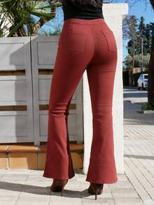 Yess Loren 女士高腰喇叭下摆休闲百搭牛仔裤加厚牛仔布 - 鏽棕色 - 查看 2