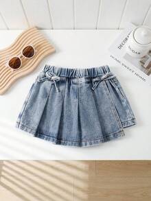 Young Girl Denim Shorts, New Casual Fashion Bow Design Washed Dark Blue Denim Pleated Skorts - Blue - View 1
