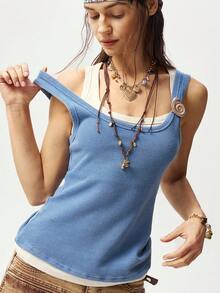 Bohemela 女士休闲针织拼接背心 - 藍色 - 查看 1