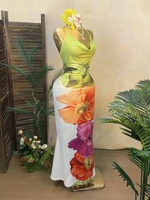 Rovax Women White Floral Deep V Backless Spaghetti Strap Dress,Summer Casual Holiday Vacation Holiday Extra Long Floral Print Fitted Beach Party Wear - Multicolor - View 5