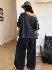 Coolane 女士大码春夏简约街头风日常休闲运动舒适露肩T恤和阔腿运动裤两件套 - 黑色 - 查看 3