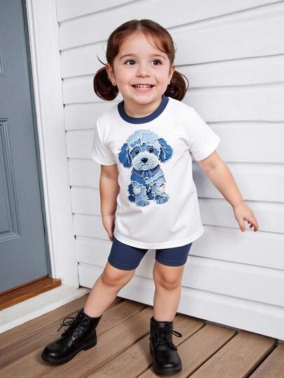 Baby Girls' Summer Outfit, White T-Shirt With Contrast Blue Collar, Printed With Denim-Style Cute Puppy Pattern, Paired With Navy Blue Shorts, Minimalist, Comfortable, Refreshing And Adorable, A Soft And Cute Choice For Children's Summer Wear.