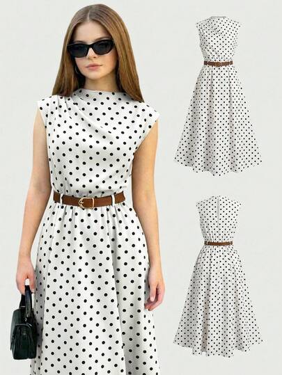 SHEIN Girlism Elegant Black-And-White Polka Dot Sleeveless Dress (With Belt), Perfect For Young Women; Back-To-School Black-And-White Polka Dot Dress; Tie-Front Dress; Polka Dot Dress; Women's Dress; Casual And Stylish Workwear; Stand-Up Collar; Ruffled Waist; Khaki A-Line Skirt; Simple Black-And-White Polka Dot Dress Squishy New Ss26 Fashion Polka Dot Top Summer Clothes