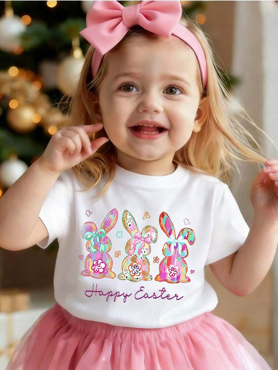 Playful Pals Baby Girl Cute Floral Bunny Letter Print Short Sleeve T-Shirt, Suitable For Easter And Summer - Multicolor - View 1