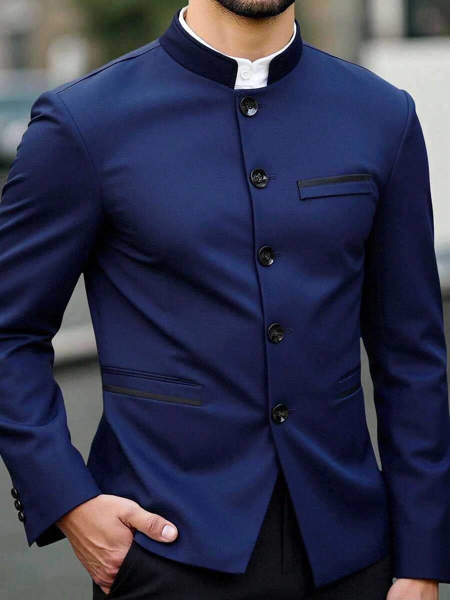 Manfinity Mode 男士休闲日常绅士简约单排扣西装外套，适合正式场合 - 藏蓝色 - 查看 1