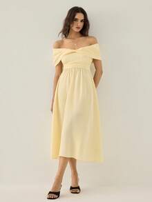 SHEIN Raffinéa 女士优雅浪漫精致露肩蝴蝶结裹腰A字连衣裙，适合春夏外出和约会 - 杏色 - 查看 5