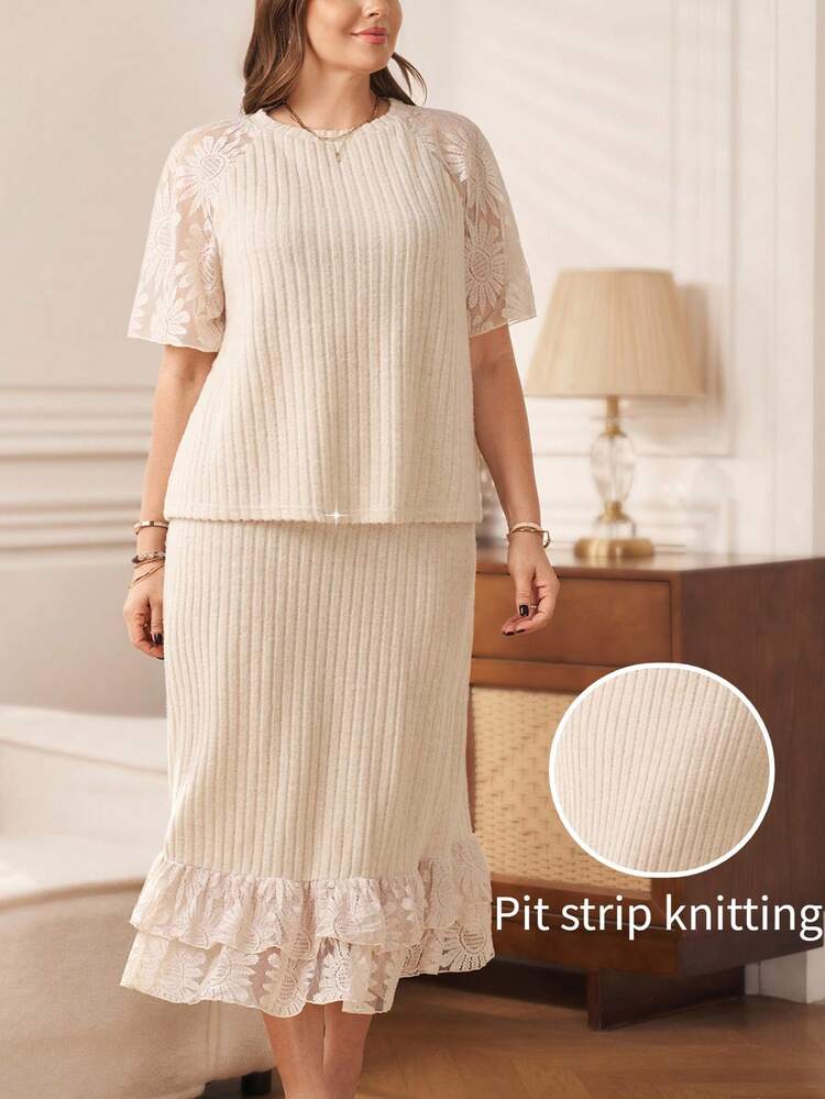 Plus Size Lace Patchwork T-Shirt + Skirt 2 Pieces Set 2 Piece Skirt Sets Woman Women Plus Clothing 2 Piece Knitted Dress For Women Cream Dress Plus Size Plus Size Ruffle Dress, Summer Outfits Plus Skirt Set Modest Two Piece Set