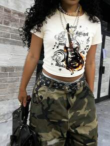 女士字母吉他印花圆领短袖休闲T恤 - 白色 - 查看 4