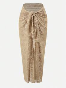 Swim Oasis 2026 SUMMER NEW  Women's Textured Fabric Metallic Hollow-Out 2 Pieces Set 2pcs/Set Summer Vacation Sexy Underwire Backless Spaghetti Strap Women One-Piece Swimsuit & Sarong Maxi Skirt Two Pieces Set Crochet Two Pieces Set Brown Two Pieces Set Women Two Pieces Set Women Bikini Cover Up Set Brown Formal Skirt Brown Wedding Guest Skirt Rose Gold Skirt Women Earth Tone Skirt Bronze Skirt Beach Outfits, Music Festival Outfits, Vacation Outfits, Seaside Dates, Holiday Outfits, Sexy, Elegant, Casual Outfits, Beach Party Outfits, Pool Party Outfits - Khaki - View 6