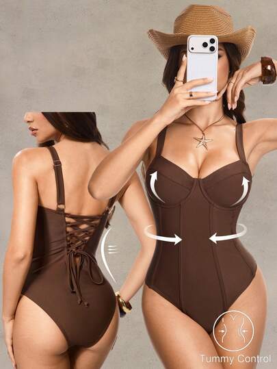 Shapewave Traje de baño de una pieza con recortes de malla, espalda descubierta y escote en V profundo para moldear la figura de la mujer